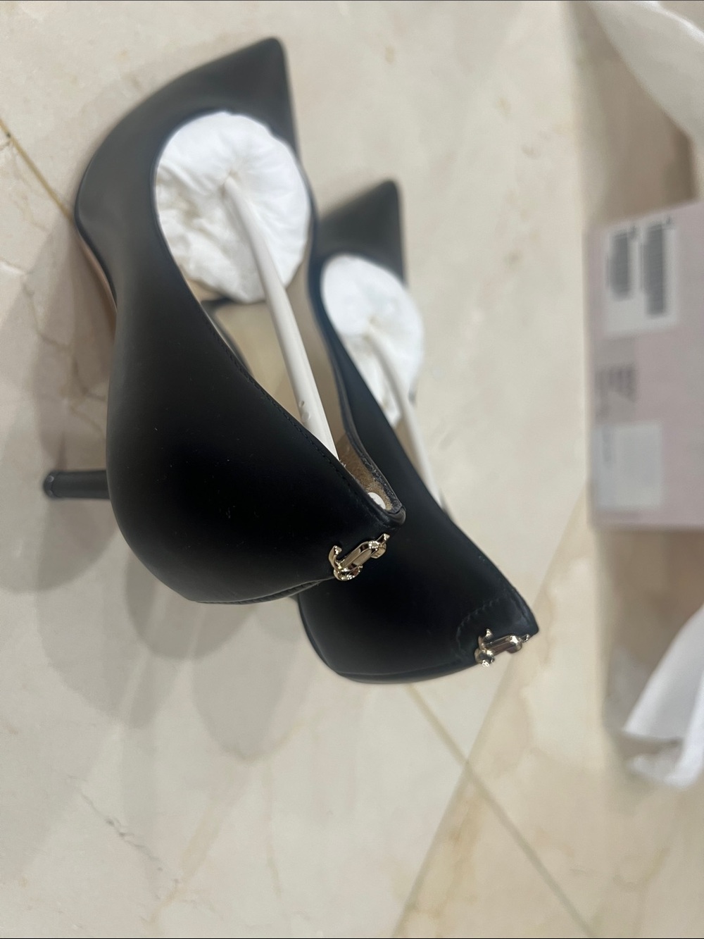 Jimmy Choo Black Pointed-Toe Stiletto Pumps with Gold Accent